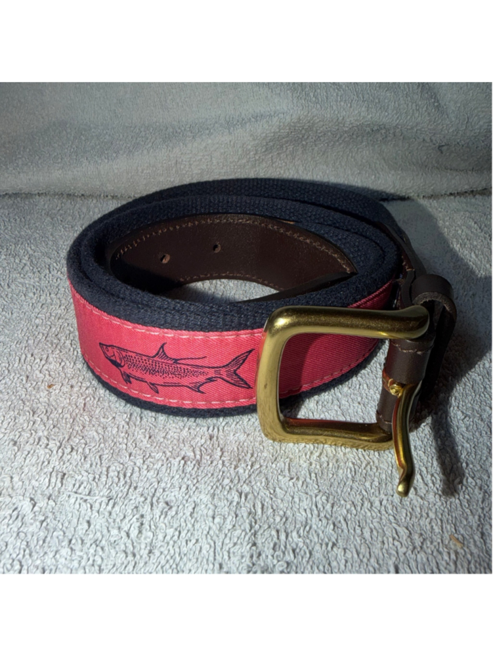 EUC New Like Men’s Size 34 Vineyard Vines Canvas Leather Belt Dk Pink Blue Fish